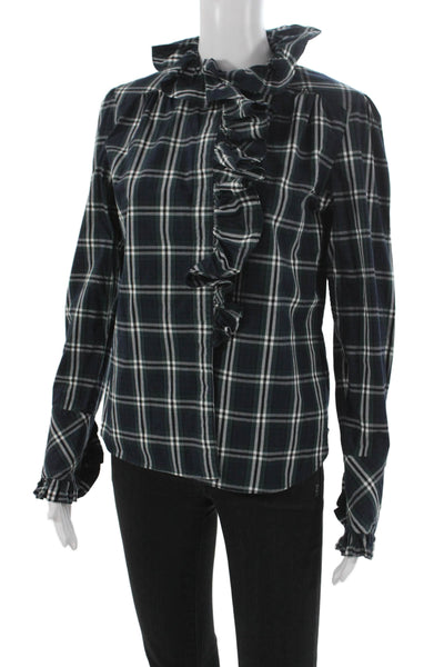 Cara Cara Women Blue Plaid Cotton Blouse Long Sleeve Size S