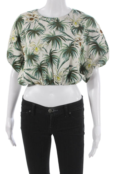 Mikoh Womens Cropped Floral Cotton Blouse Green Round Neck Short Sleeve Size 1