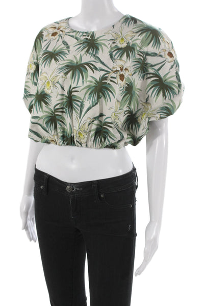 Mikoh Womens Cropped Floral Cotton Blouse Green Round Neck Short Sleeve Size 1