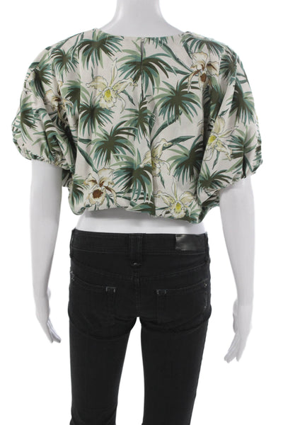 Mikoh Womens Cropped Floral Cotton Blouse Green Round Neck Short Sleeve Size 1