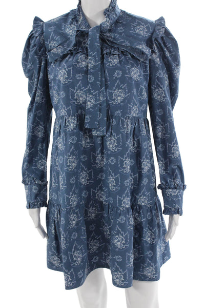 Batsheva Women Blue Cotton High Neck Long Sleeve Shift Dress Button Size 6