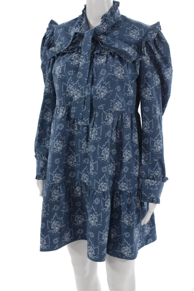 Batsheva Women Blue Cotton High Neck Long Sleeve Shift Dress Button Size 6