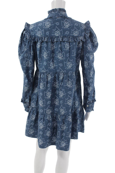 Batsheva Women Blue Cotton High Neck Long Sleeve Shift Dress Button Size 6