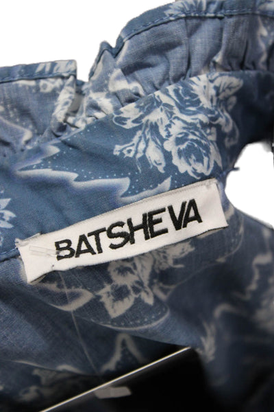 Batsheva Women Blue Cotton High Neck Long Sleeve Shift Dress Button Size 6