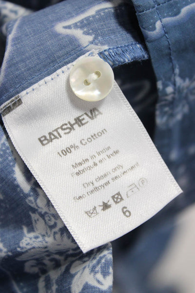 Batsheva Women Blue Cotton High Neck Long Sleeve Shift Dress Button Size 6