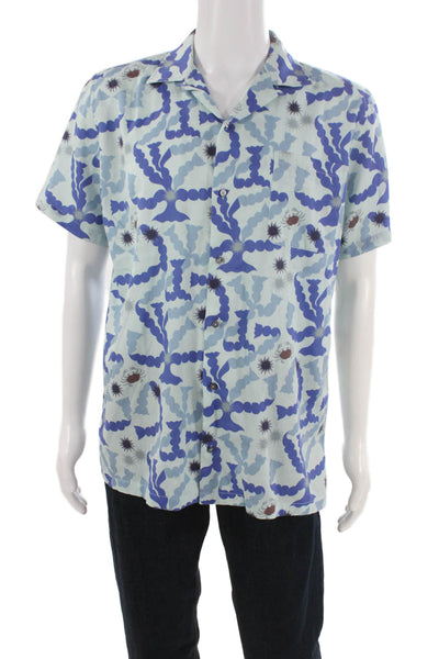 Le Sirenuse Mens Printed Collar Short Sleeve Shirt Blue Size M
