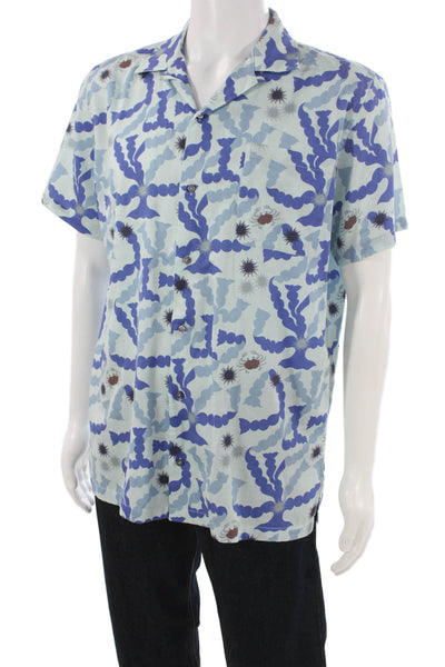 Le Sirenuse Mens Printed Collar Short Sleeve Shirt Blue Size M