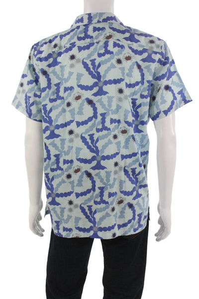 Le Sirenuse Mens Printed Collar Short Sleeve Shirt Blue Size M