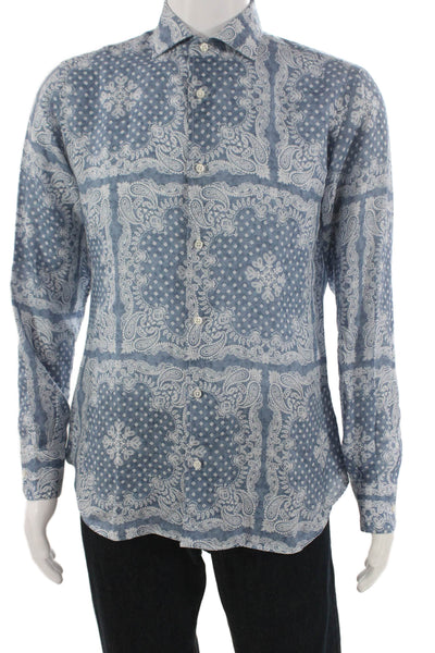 Fedeli Mens Linen Paisley Print Long Sleeve Button Down Shirt Blue Size 15.5