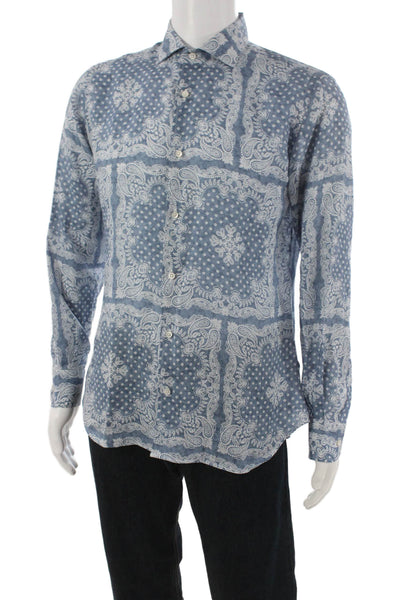 Fedeli Mens Linen Paisley Print Long Sleeve Button Down Shirt Blue Size 15.5
