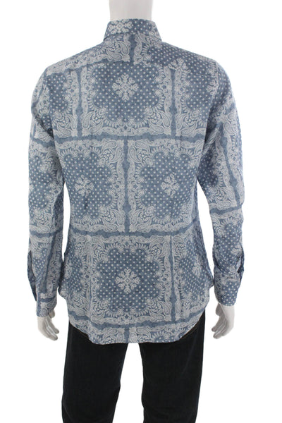 Fedeli Mens Linen Paisley Print Long Sleeve Button Down Shirt Blue Size 15.5