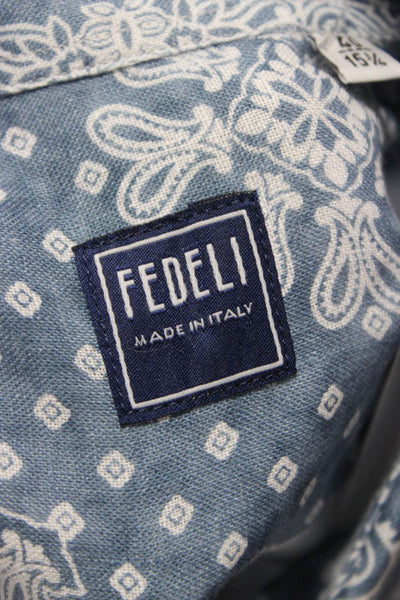 Fedeli Mens Linen Paisley Print Long Sleeve Button Down Shirt Blue Size 15.5