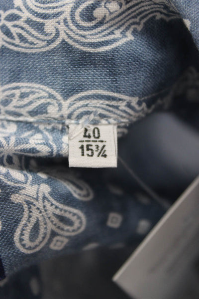 Fedeli Mens Linen Paisley Print Long Sleeve Button Down Shirt Blue Size 15.5