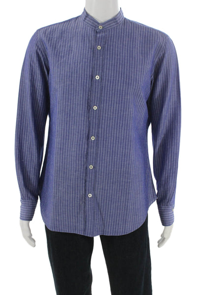 Giannetto Mens Crew Neck Striped Button Down Long Sleeve Shirt Blue Size 16.5