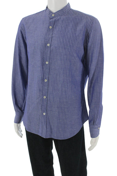 Giannetto Mens Crew Neck Striped Button Down Long Sleeve Shirt Blue Size 16.5