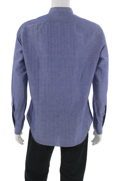 Giannetto Mens Crew Neck Striped Button Down Long Sleeve Shirt Blue Size 16.5