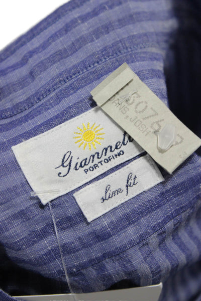 Giannetto Mens Crew Neck Striped Button Down Long Sleeve Shirt Blue Size 16.5