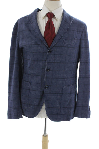 Boglioli Mens Blue Plaid Cotton Blazer Button Closure Size 34