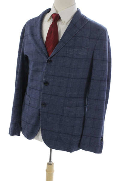 Boglioli Mens Blue Plaid Cotton Blazer Button Closure Size 34