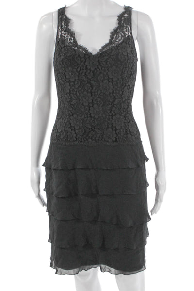 Rickie Freeman Teri Jon Women Black Silk Sheath Dress V-Neck Sleeveless Size 8