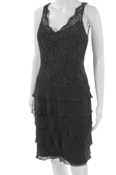 Rickie Freeman Teri Jon Women Black Silk Sheath Dress V-Neck Sleeveless Size 8