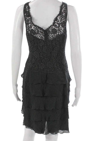 Rickie Freeman Teri Jon Women Black Silk Sheath Dress V-Neck Sleeveless Size 8
