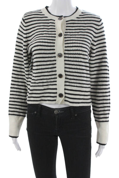 Madewell Women Black Striped Merino Wool Cardigan Crew Neck Long Sleeve Size M
