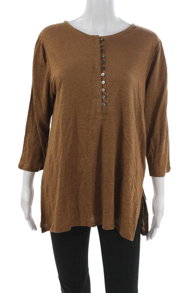 Wrap Womens Linen Henley Tunic 3/4 Sleeve Brown Size 10