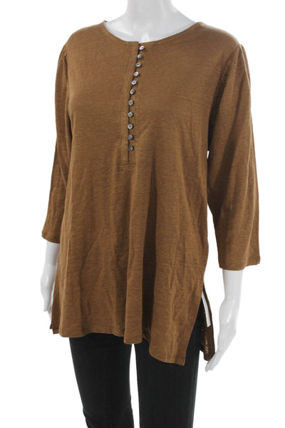 Wrap Womens Linen Henley Tunic 3/4 Sleeve Brown Size 10