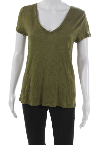 Calypso Saint Barth Women Basic Linen V-Neck Short Sleeve T-Shirt Green Size M