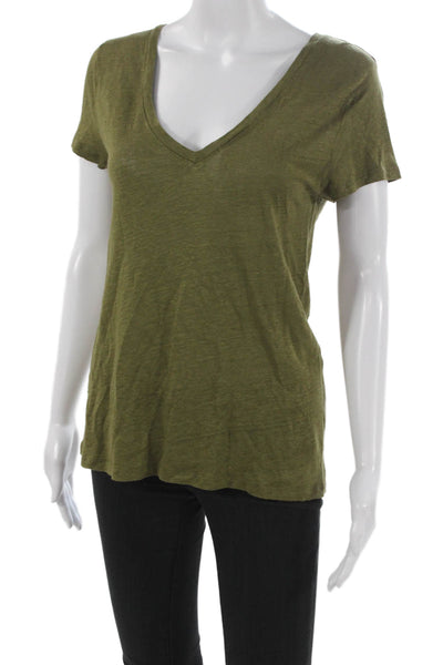 Calypso Saint Barth Women Basic Linen V-Neck Short Sleeve T-Shirt Green Size M