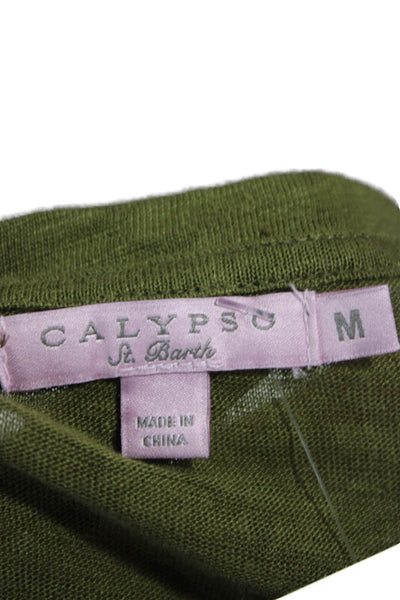 Calypso Saint Barth Women Basic Linen V-Neck Short Sleeve T-Shirt Green Size M