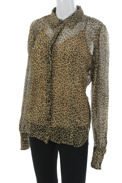 J Crew Women Beige Animal Print Collared Viscose Blouse Long Sleeve Size 12