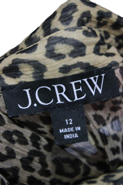 J Crew Women Beige Animal Print Collared Viscose Blouse Long Sleeve Size 12