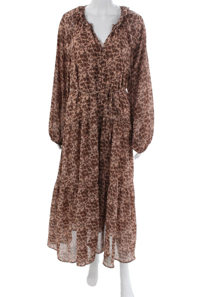 ASTR Womens Maxi Dress Brown Long Sleeve V-Neck Button Floral Size L