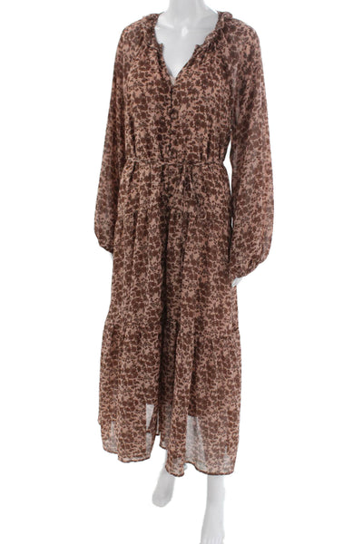 ASTR Womens Maxi Dress Brown Long Sleeve V-Neck Button Floral Size L