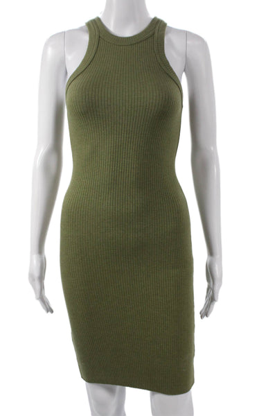 WSLY Women Green Tencel Bodycon Mini Dress Round Neck Sleeveless Size XS