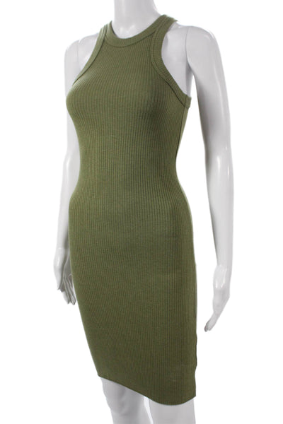 WSLY Women Green Tencel Bodycon Mini Dress Round Neck Sleeveless Size XS
