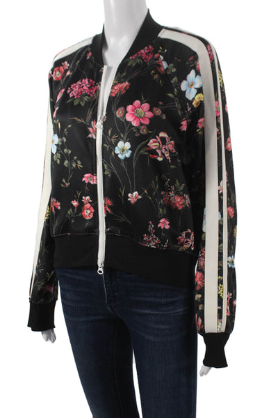 Pam & Gela Women Bomber Jacket Black Floral Polyester Zip Long Sleeve Size S
