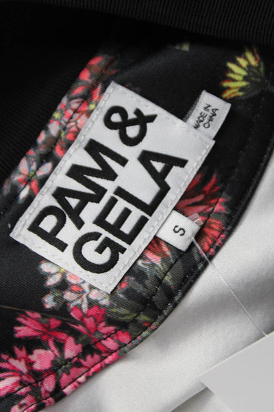 Pam & Gela Women Bomber Jacket Black Floral Polyester Zip Long Sleeve Size S