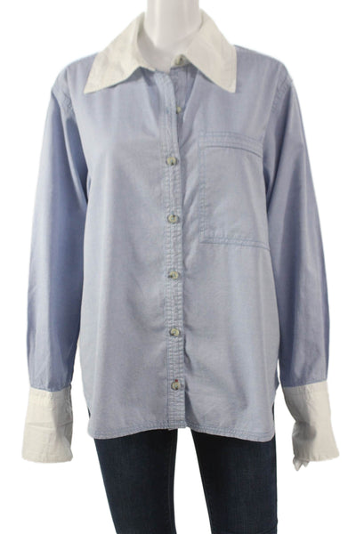 We The Free Women Blue Cotton Collared Long Sleeve Button Up Top Size M