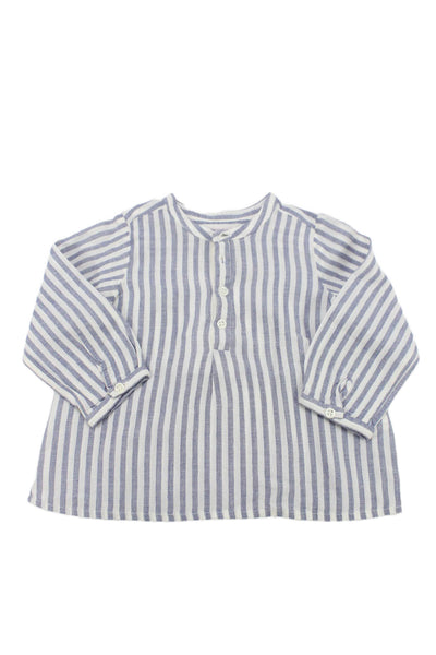 Bonpoint Girls Long SLeeve Half Button Crew Neck Striped Shirt White Blue 12M