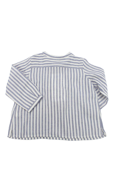 Bonpoint Girls Long SLeeve Half Button Crew Neck Striped Shirt White Blue 12M