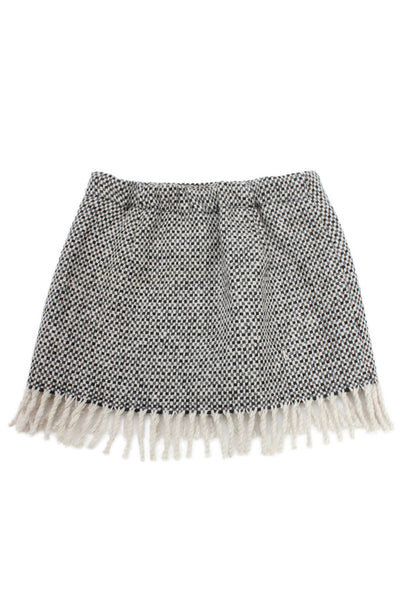Il Gufo Girls Side Zip Knit Fringe Trim Skirt Gray White Cotton Size 3