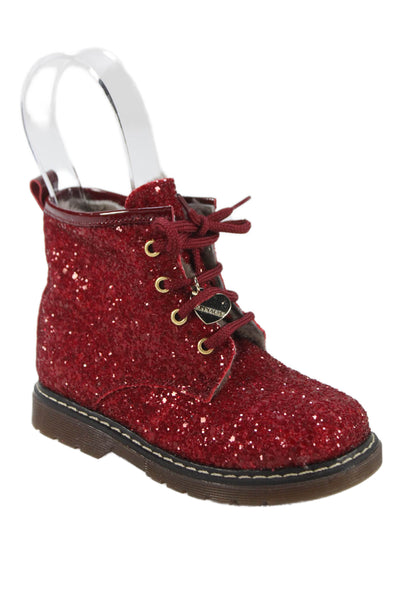 Monnalisa Girls Side Zip Lace Up Glitter Combat Boots Red Black Size 24