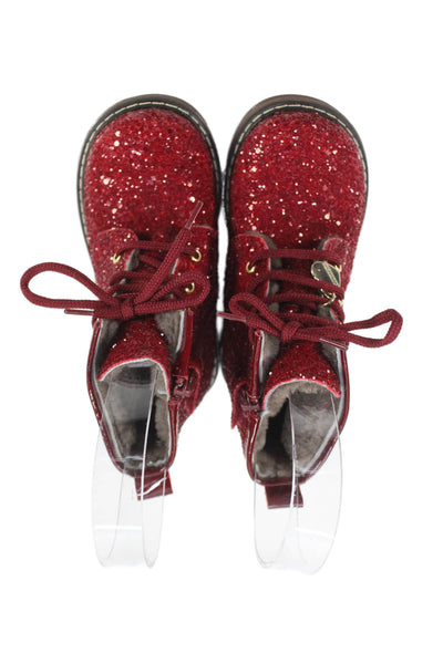 Monnalisa Girls Side Zip Lace Up Glitter Combat Boots Red Black Size 24