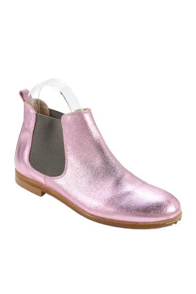 Bonpoint Girls Slip On Round Toe Metallic Leather Ankle Booties Pink Size 33