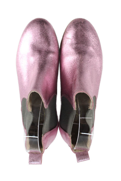 Bonpoint Girls Slip On Round Toe Metallic Leather Ankle Booties Pink Size 33