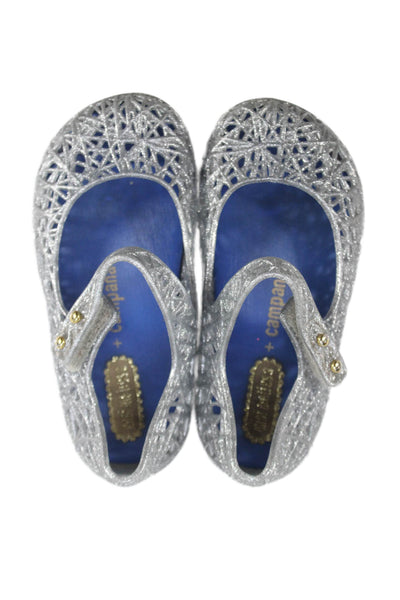 Mini Melissa x Campana Girls Metallic Rubber Mary Jane Ballet Flats Silver 7
