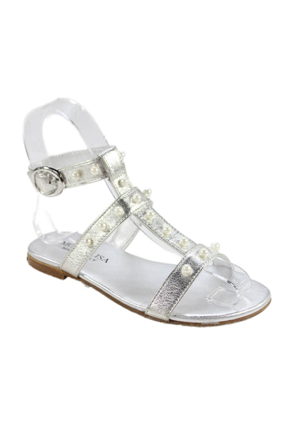 Monnalisa Girls Metallic Leather Faux Pearl Ankle Strap Sandals Silver Size 31